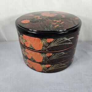 Japanese Lacquer Style Stacking Box Set Floral 3 Tier Red Black Decorative Round